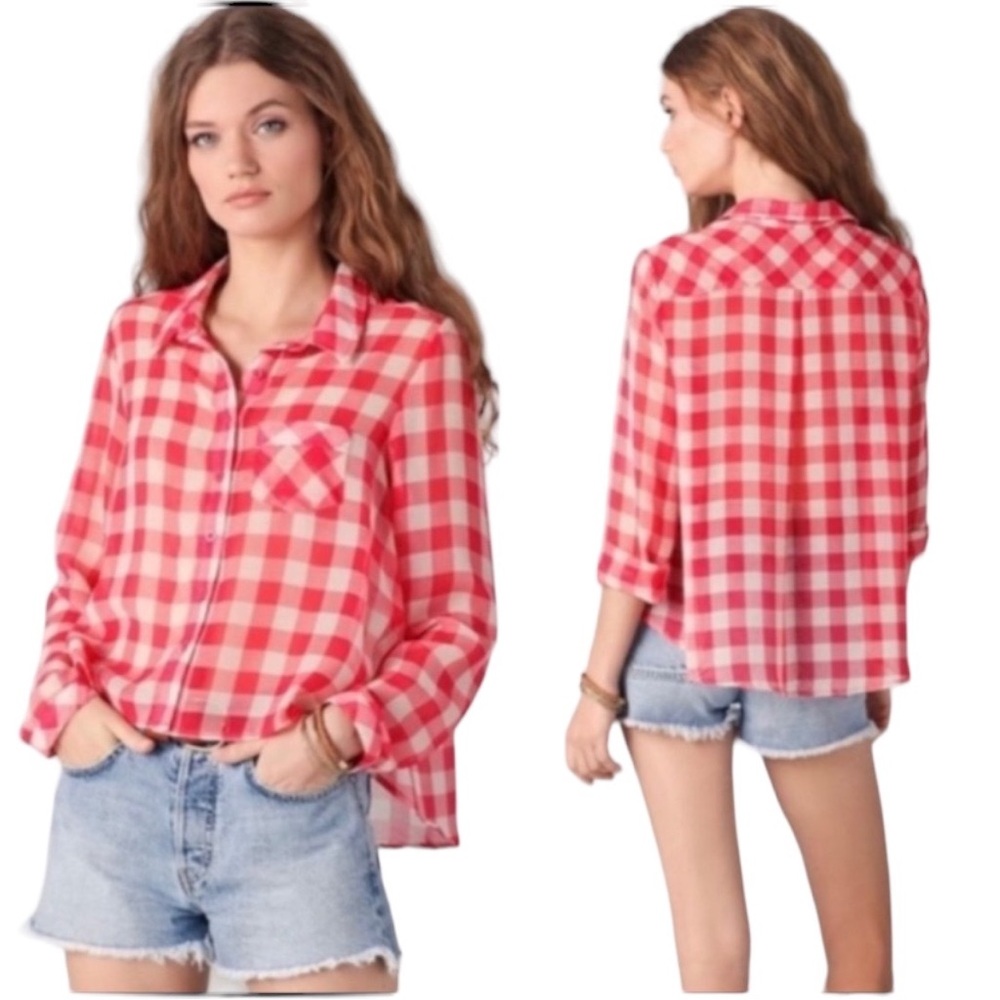 Free People Gingham Sheer Long Sleeve Blouse Shirt Size S